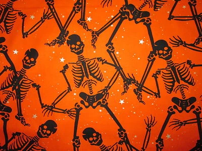 SKELETONS HANGING SILVER METALLIC STARS ORANGE COTTON FABRIC BTHY - Image 1 of 4