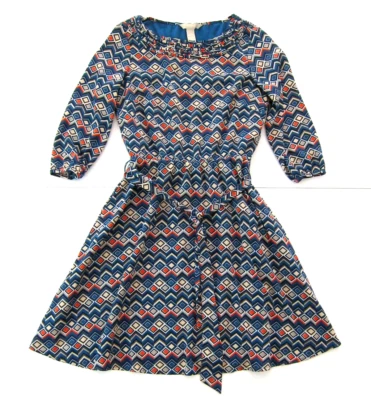 Banana Republic Blue Red Brown Geometric Retro 3/4 Sleeve Sheath Dress 0P - Image 1 of 4