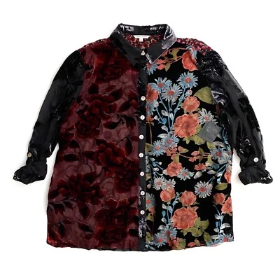 John Mark Sheer Burnout Velvet Embroidered Roll Tab Sleeve Button Front Tunic 2X - Image 1 of 4
