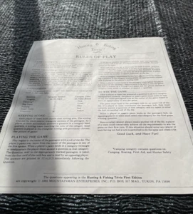 Caza Pesca Trivia Juego Reglas de Juego Solo 1985 Direcciones Mountainman - Imagen 1 de 2