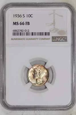 1936-S MERCURY DIME NGC MS66 FB - VERY PQ! EX PCGS MS67 FB - Image 1 of 3