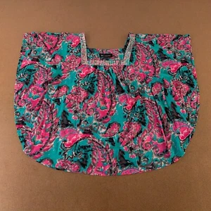 INC Women's XL Pink Teal Floral Print Batwing Sleeve Square Neck Pullover Blouse - Picture 1 of 8