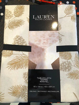Ralph Lauren PINECONES & FIR LEAVES 60 x 104" Gold, Off-White Tablecloth -- NWT - Image 1 of 3