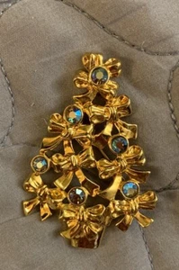 Avon goldfarbene blaue AB Strass Schleife Weihnachtsbaum 2,25" Anstecknadel/Brosche Vintage - Bild 1 von 2