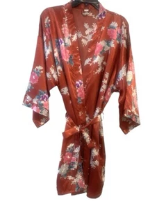 Floral Satin Robe Kimono Short With Belt Boho Women’s One Size - Picture 1 of 5