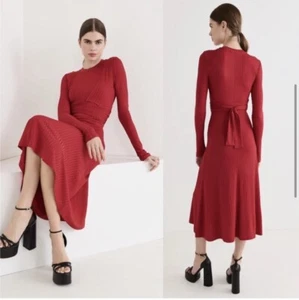 $995 Altuzarra Masika Midi Ribbed Wrap Dress in Burnt Red Long Sleeve 38 (US6) - Picture 1 of 8