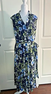 Banana Republic Navy & Bright Blue Floral Print Midi Dress Size 8/10, Pre-Owned - Picture 1 of 8