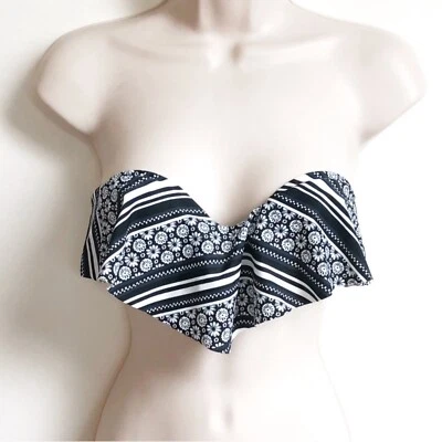 NEW SO Floral Striped Padded Push Up Bandeau Bikini Top Black White Juniors XS - Image 1 of 4