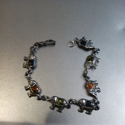 Elephant Bracelet Silver Tone Multicolored Abalone Shell Inlay Trunks  7.5" New - Image 1 of 4