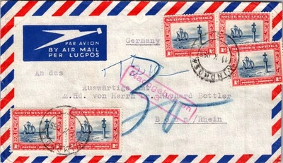 SOUTH WEST AFRICA 1955 AIRMAIL COVER MULT FRANKING TO BONN GERMANY CANC WINDHOEK - Image 1 of 2