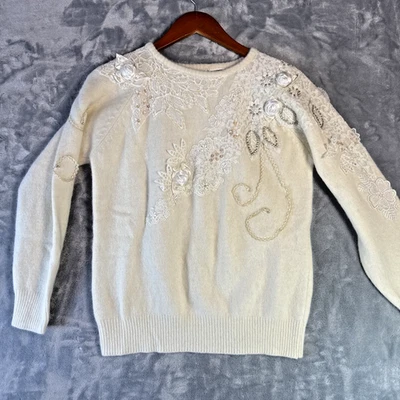 Suéter de encaje con cuentas blanco crema vintage años 80 perlas coqueta lana de cordero angora Foto 1 de 4