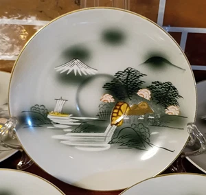 5 Antique Japanese Porcelain Satsuma Plates Hand Painted 5.5” Mt Fuji River - Picture 1 of 7