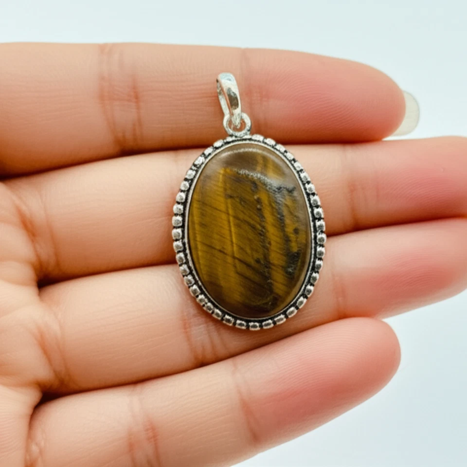 Ожерелье с овальной подвеской ручной работы с серебряным покрытием и драгоценными камнями тигровый глаз с бесплатной цепочкой - Изображение 1 из 4