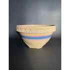 Vtg Large Yelloware Mixing Bowl Pink Blue Stripe Ornate 10.25? Usa Pottery Fruit