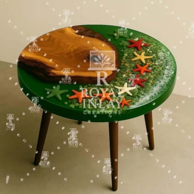 Ocean Inspired Green Epoxy Resin Table with Starfish | Live Edge Wood & Resin - Image 1 of 4