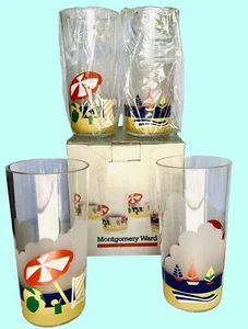4 Vtg Montgomery Ward Plastic Drinking/Bar Glasses Summer New Orig Box & Wrapper - Picture 1 of 4