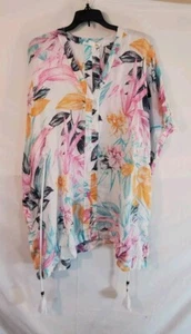C&C California Women's Medium 100% Linen Swim Cover Up Pink Blue Floral Tropical - Picture 1 of 4