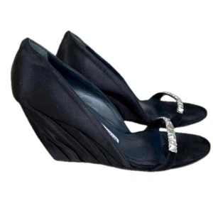 DUSICA SACKS Kotur Leather Black Satin Crystal Detail Peep-Toe Wedge Heel Italy - Imagen 1 de 16