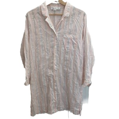 Camisa para dormir Oscar De La Renta de algodón a rayas para mujer pequeña rosa blanco botón Foto 1 de 4