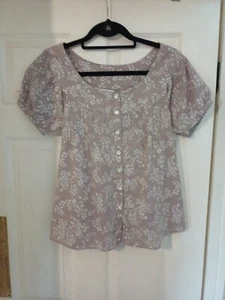 Women's BHs Light Brown Pleated Floral Botton Summer Blouse Size 10 - Picture 1 of 9