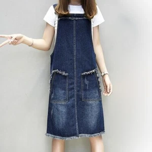 Women's Denim Bib Overall Dress Casual Loose Baggy Suspender Skirt Jeans Dress - Picture 1 of 6