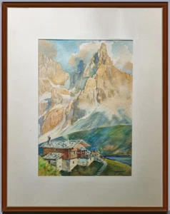 Cime del Brenta Cimon de la Pala e baita Segantini tempera cartone firma data 63 - Imagen 1 de 4