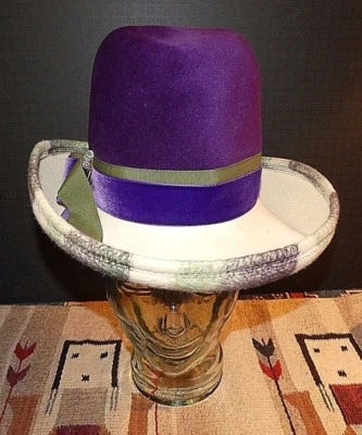 Vintage Chapeaux Du Monde France Purple Felt Plaid Green Brim Ribbon Sz. 20.5  - Image 1 of 4