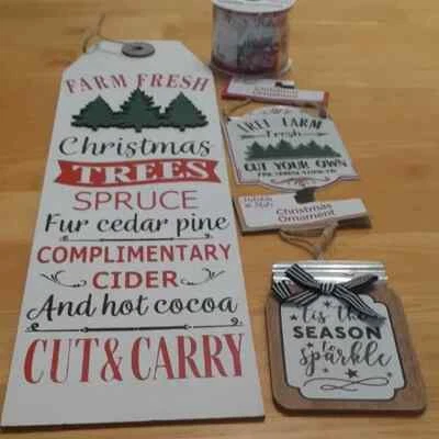 Holiday Style Set of 4 Country Style Wall Sign, 2 Ornaments, 1 Ribbon New - Image 1 of 4
