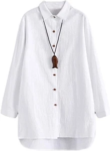 Minibee Women's Linen Shirts Tunics Hi Low Tops Boyfriend Button Down Blouse - Picture 1 of 3