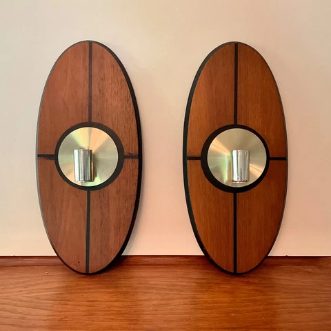 Vtg 60s PAIR MCM Oval wood brass welby-elgin? Atomic Starbust era candle Sconces Cover