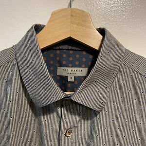 Ted Baker Gray Stripe Blue Dot Long Sleeve Button Up Flip Cuff Shirt Men 3 Small