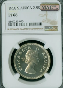 1958 SOUTH AFRICA SILVER 2.5 SHILLINGS NGC PF66 MAC SPOTLESS 985 MINTED RARE *  - Picture 1 of 4