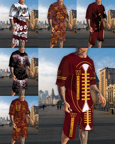 Washington Commanders 2 Piece T-Shirts Swim Trunks Set Beach Shorts W/Pockets Cover