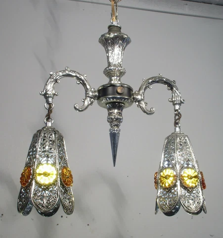 Antique Vintage 2 Light Mid Century Pendant Light Fixture Lamp Filigree Silver Cover
