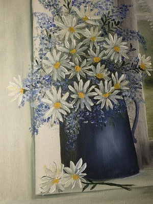 Vintage Original Oil Painting on Canvas Daisies in Blue Pitcher Signed D2 Framed - Image 1 of 4