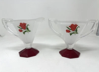 Art Deco 1930 TULIPÁN Vidrio Octágono Rojo y Blanco Abierto Azúcar y Crema DEFECTOS CALCOMANÍA Foto 1 de 4