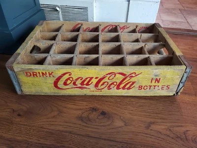 Coca-Cola винтажный 24 бутылки желтый красный надпись газировки поп деревянный ящик - Изображение 1 из 4