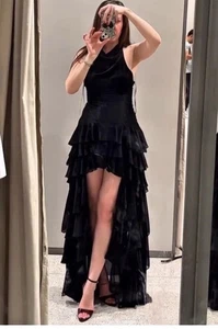 Zara Halter Ruffle Train Long Asymmetric Dress Black Size XS 3697/097 New - Picture 1 of 4