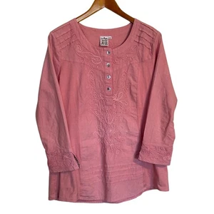 Top túnica mujer perejil y salvia rosa mediano bordado manga 3/4 algodón boho - Imagen 1 de 9