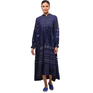 Injiri Dress 42 US XL Embroidered 100% Silk Bib Indigo Blue India Resist Dye - Picture 1 of 11