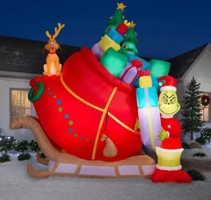 13' COLOSSAL THE GRINCH & MAX ON SLEIGH W GIFTS AIRBLOWN INFLATABLE - Picture 1 of 2
