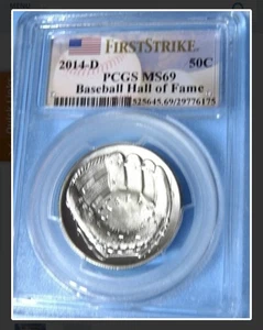 2014-D Baseball Hall of Fame 1st Strikes Edition 1/2 Dollar Convex Glove MS 69 - Picture 1 of 4