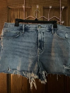 Good American Jean Shorts Womens 16 Blue Distressed Denim Raw Hem Casual - Picture 1 of 8