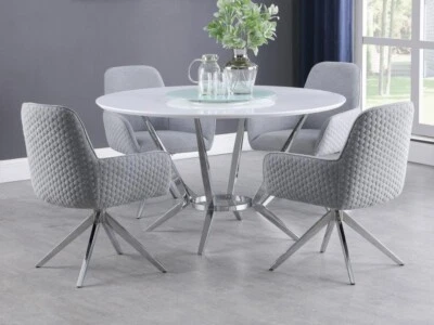 ROUND GLASS CHROME LAZY SUSAN WHITE DINING TABLE GREY SWIVEL CHAIR FURNITURE SET - Image 1 of 4