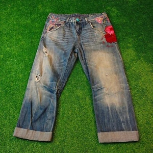 Desigual Capri Jeans womens 28 Baggy cuffed distressed floral embroidered denim - Picture 1 of 15