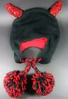 Red Devil Horns Knitted Winter Sequin Pom Pom Hat Halloween Fancy Dress NEW