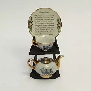 Miniature Porcelain Tea Pot Cup Plate & Stand Made in Japan w/Lord's Prayer Gold - Picture 1 of 3