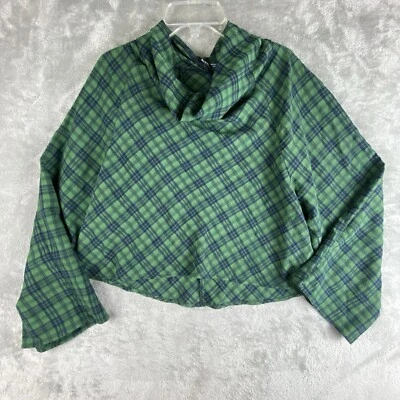 Zara Top Womens XS Navy Blue Green Plaid Cowl Neck Long Sleeve Preppy Oversized - Image 1 of 4