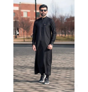Men's Muslim Full Length Long Sleeve Middle East Islamic Thobe Elite 507 Black - Picture 1 of 4