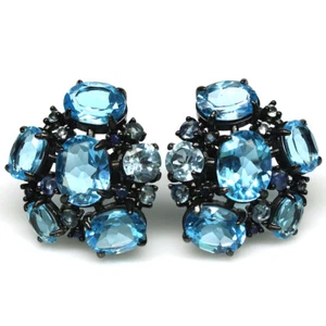 925 Plata de Ley Azul Celeste - Topacio Suizo & Sapphire Pendientes Oro Negro - Imagen 1 de 4